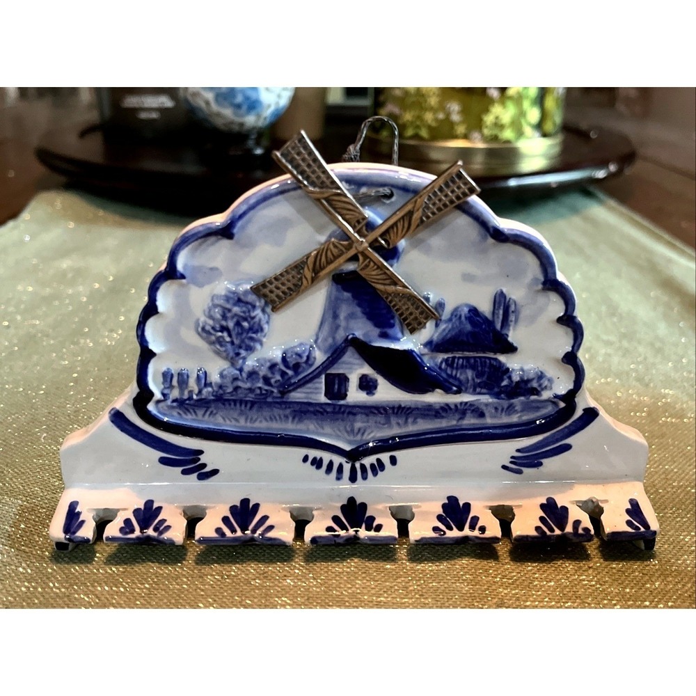Vtg Delft Blue Windmill Spin Hand Painted 6 Inch Ceramic Dutch Wall Spoon Holder